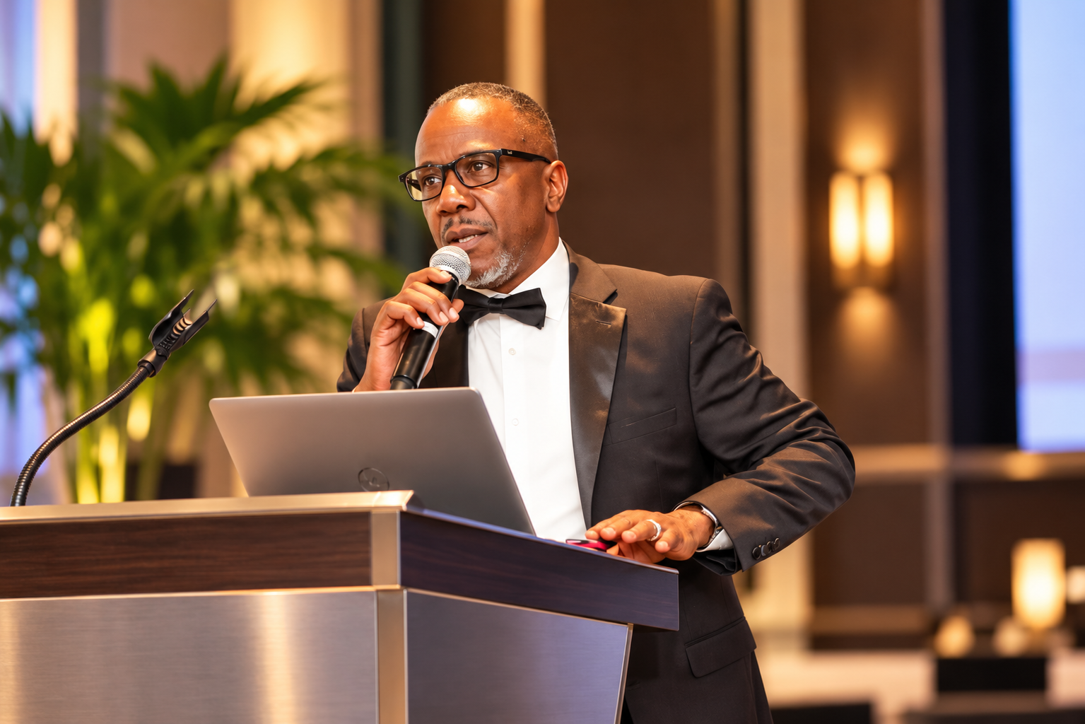 Dr. Jeffery Gaines speaking at a podium with a microphone